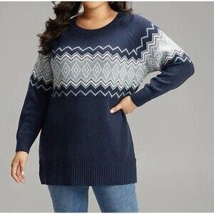 NEW Bloomchic Geo Raglan Sleeve Elastic Hem Pullover Blue 26 Fair Isle